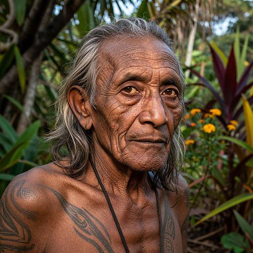Photograph of an elderly, topless man with long gray hair, wrinkled skin, and tribal tattoos, standing in a lush, tropical garden with