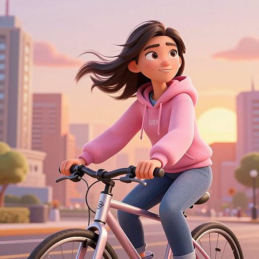CGI image of a smiling young woman with brown hair, wearing a pink hoodie and blue jeans, riding a bicycle in a sunset cityscape.