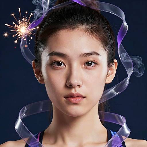 Photograph of an Asian woman with fair skin, dark hair in a bun, and neutral expression, surrounded by purple smoke and a small firework against