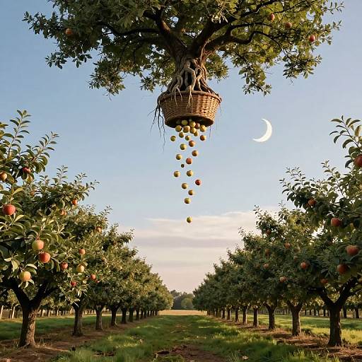 Surreal Inverted Orchard with Floating Apples
