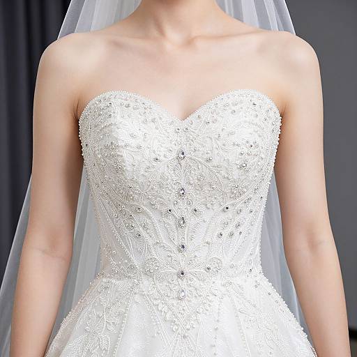 Photograph of a bride's upper body in a strapless, white, beaded wedding dress with a sweetheart neckline and veil.