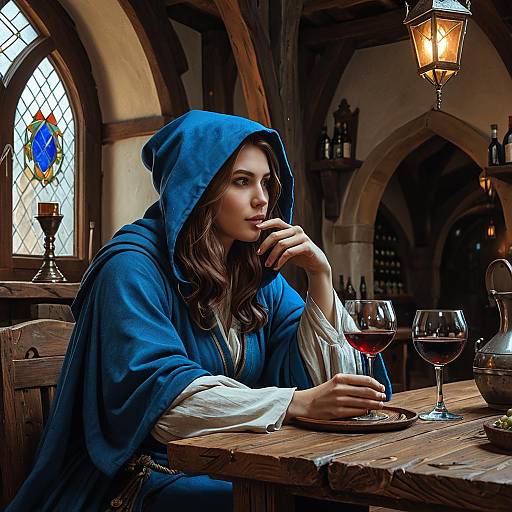 Sad Female Wizard Drinking Wine in Medieval Inn