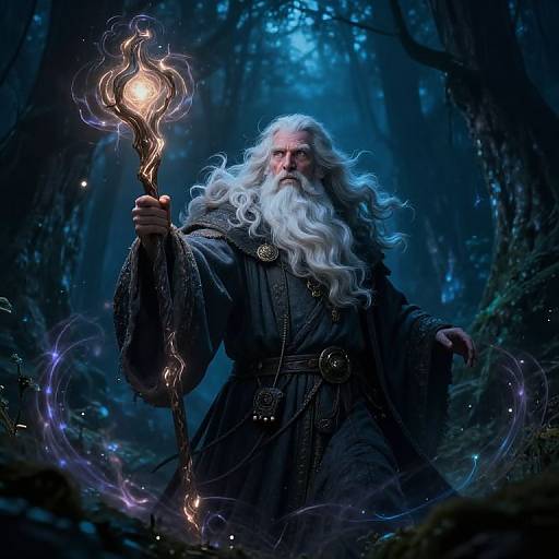 Magical wizard with long white beard, dark robe, and glowing staff stands in enchanted forest, surrounded by ethereal blue and purple lights.