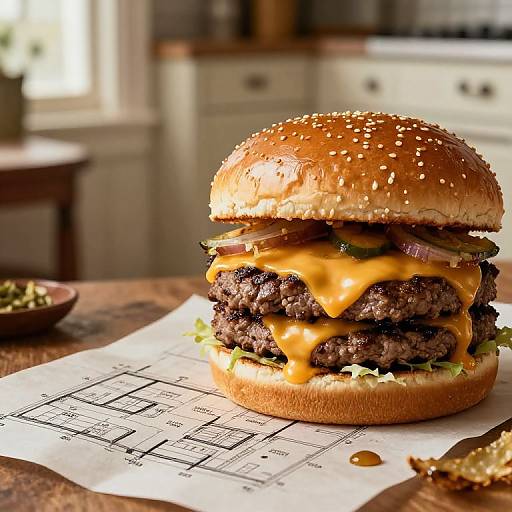 Photograph of a double cheeseburger with sesame seed bun, melted cheddar, lettuce, onions, and tomato, on a recipe printout.
