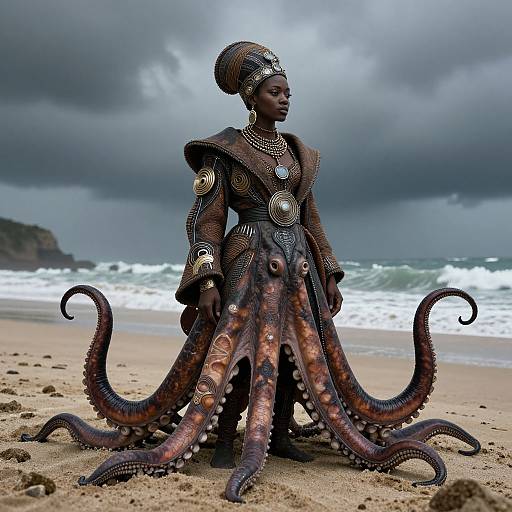 Photorealistic CGI of a dark-skinned African woman with octopus tentacles, wearing ornate, ancient-inspired clothing, standing on a stormy