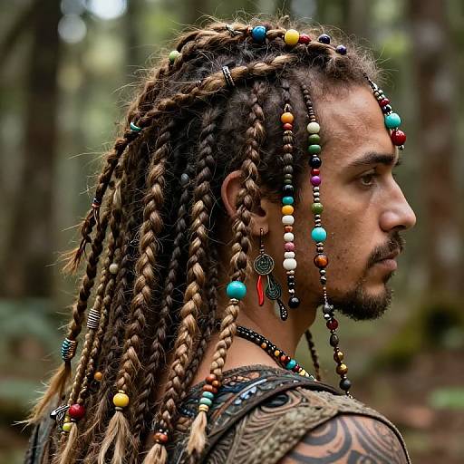 Photograph of a bearded man with colorful braided hair adorned with beads and feathers, tattooed shoulder, in a forest background.