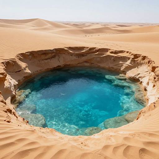 Photograph of a circular, deep blue oasis pool surrounded by undulating, golden sand dunes under a clear, bright sky.