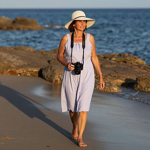 Photograph of a middle-aged woman in a white sundress and wide-brimmed hat, carrying a camera, walking on a sunny beach with rocky