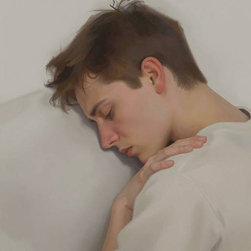 Photograph of a young man with short brown hair, light skin, and closed eyes, asleep on a white pillow with a white shirt, his hand