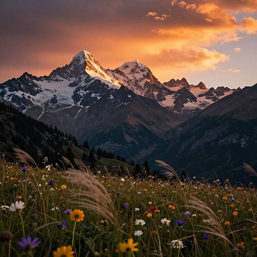 Photograph of a sunset-lit, snow-capped mountain peak with colorful wildflowers in the foreground, dark forested slopes, and dramatic orange-p