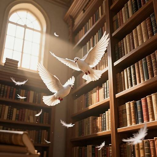 Photograph of two white doves with outstretched wings flying amidst feathers in a sunlit, wooden-bookshelf library.