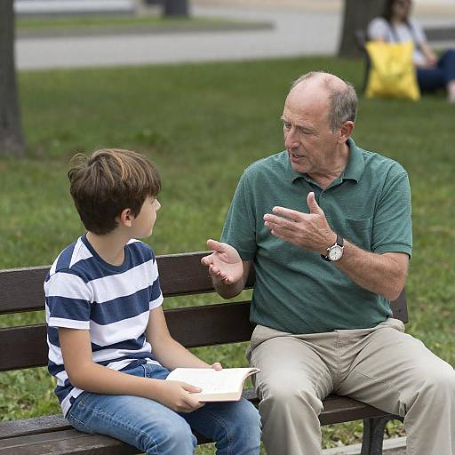 Grandfather Talking to Grandson on Park Bench