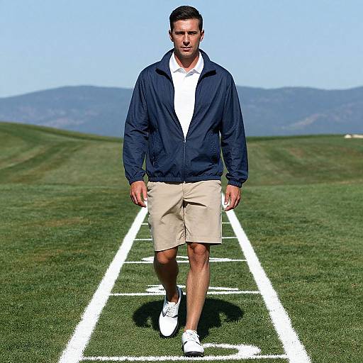 Photograph of a man walking on a grassy football field, wearing a navy jacket, white shirt, beige shorts, and white sneakers. Blue sky