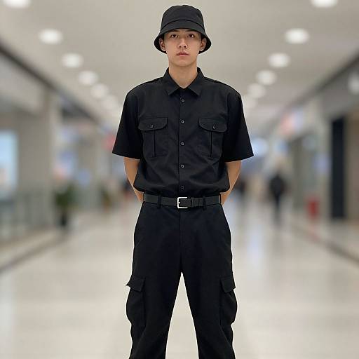 Photograph of a young Asian man with short black hair, wearing a black bucket hat, black short-sleeve shirt, black cargo pants, and