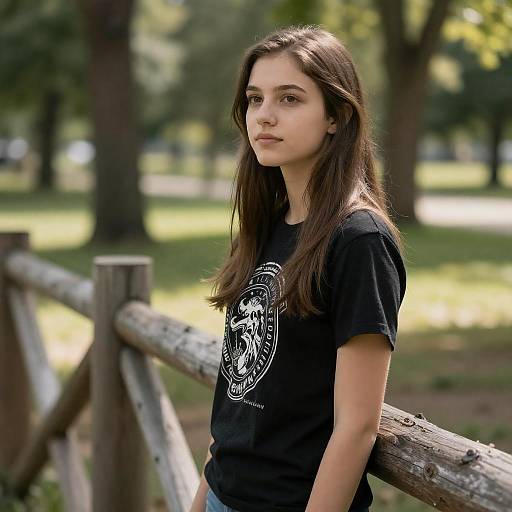 Sunlit Young Woman by Rustic Fence