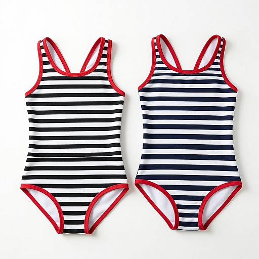 Photograph of two striped, black-and-white tankini swimsuits with red trim, one larger with adjustable straps, one smaller with fixed straps, laid