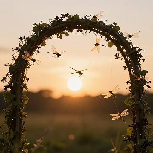 Photograph of a sunset with a dark, vine-covered arch frame, adorned with delicate dragonflies, set against a golden-orange sky.
