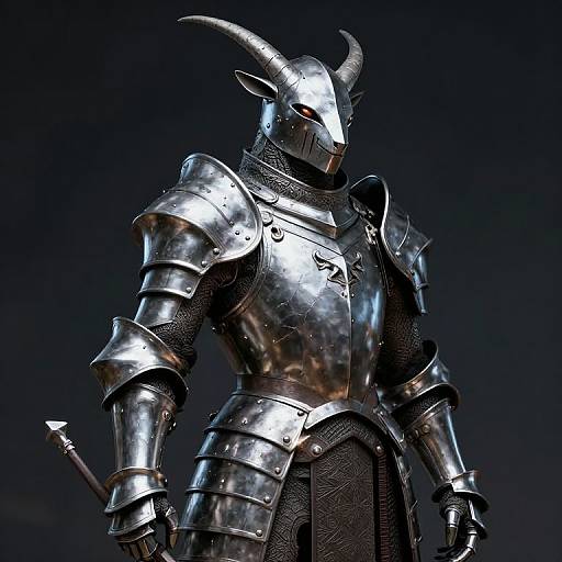 Photorealistic CGI of a horned, armored knight with a metallic faceplate and chainmail, standing against a dark blue background.