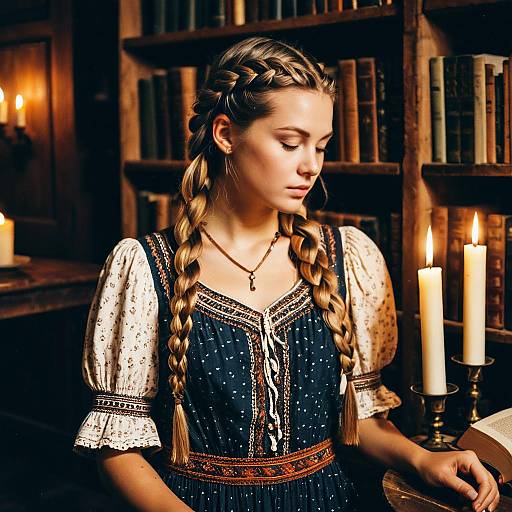 Young Woman with Dutch Braids in Rustic Library