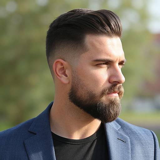 Photograph of a bearded man with dark hair, styled up, wearing a blue blazer over a black shirt, looking to the side against a
