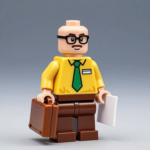 Photograph of a LEGO minifigure with black glasses, yellow shirt, green tie, brown pants, and carrying a brown briefcase and white folder