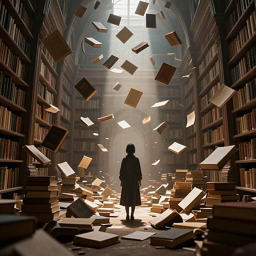 Photograph-like digital art: Silhouetted figure in coat stands in grand, sunlit library with books floating mid-air, stacks scattered on floor