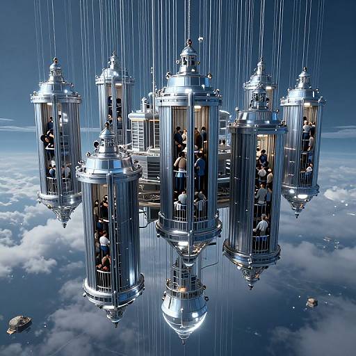 Digital artwork of five floating, metallic, cylindrical cages with people inside, suspended by vertical lines above a cloudy sky.