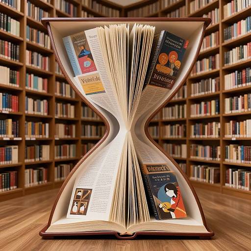 Photograph of an open, hourglass-shaped book in a library, displaying multiple colorful book covers and pages against wooden shelves.