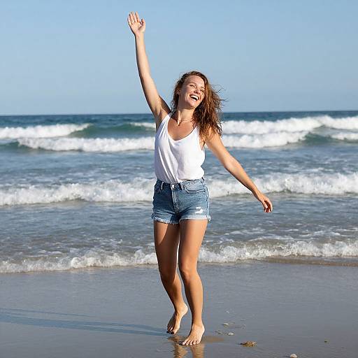 Photograph of a joyful, barefoot young woman with wavy brown hair, wearing a white tank top and denim shorts, raising one arm and smiling
