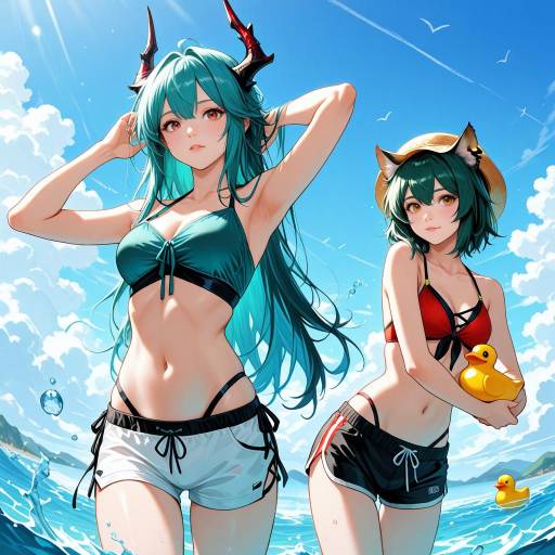 Girls in Swimsuits with Dragon Horns