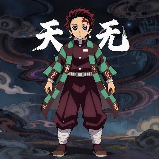 Digital anime drawing of a young boy with red spiky hair, dark clothing, green-striped scarf, bandaged legs, and forehead scar, against a