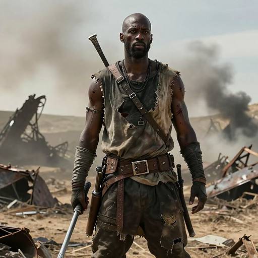 Photograph of a muscular, dark-skinned warrior with a bald head and beard, wearing tattered, leather armor, standing in a war-torn
