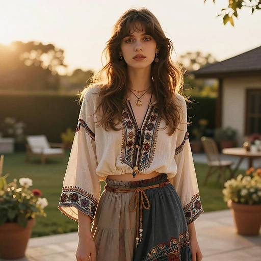 Photograph of a young woman with long, wavy brown hair, wearing a white embroidered blouse and blue high-waisted skirt, standing in a