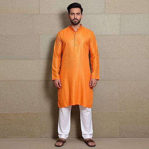 Photograph of a bearded South Asian man with short black hair, wearing an orange traditional kurta, white pants, and brown sandals, standing against