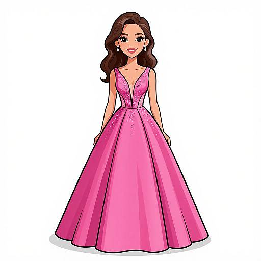 Digital illustration of a smiling woman with long brown hair, wearing a pink, V-neck, full-length ball gown with sparkling details.