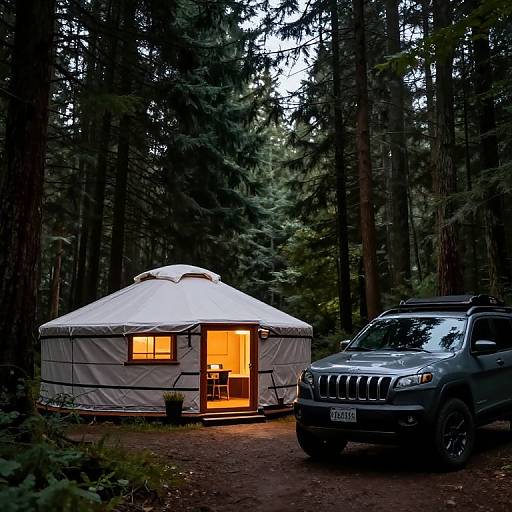 Photograph of a white yurt with warm yellow lights, parked beside a dark gray Jeep, in a dense, shadowy forest.