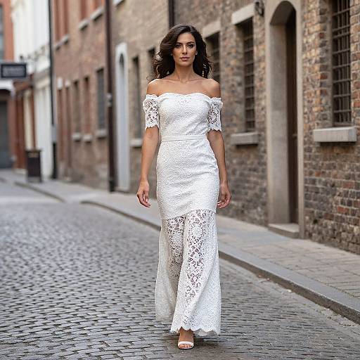 Photograph of a woman with wavy dark hair, wearing an off-shoulder white lace dress, walking on a cobblestone street between brick