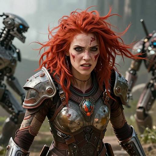 Digital art of a fierce, red-haired warrior woman with blood-stained face, wearing metallic armor, surrounded by robotic enemies in a foggy, industrial