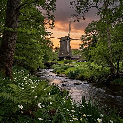 Doodle Old Mill by River at Sunset
