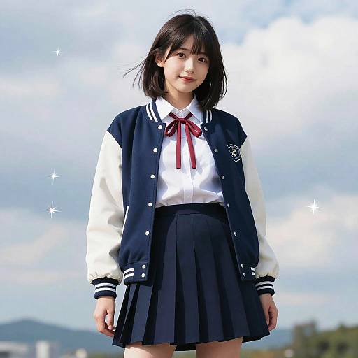 Young Asian woman with straight black hair, wearing a navy varsity jacket, white shirt with red ribbon, and black pleated skirt, standing outdoors against