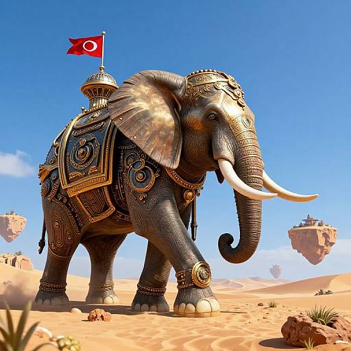 CGI image of an ornate, Turkish-style elephant with intricate gold and black armor, a Turkish flag on its back, standing in a sunny desert