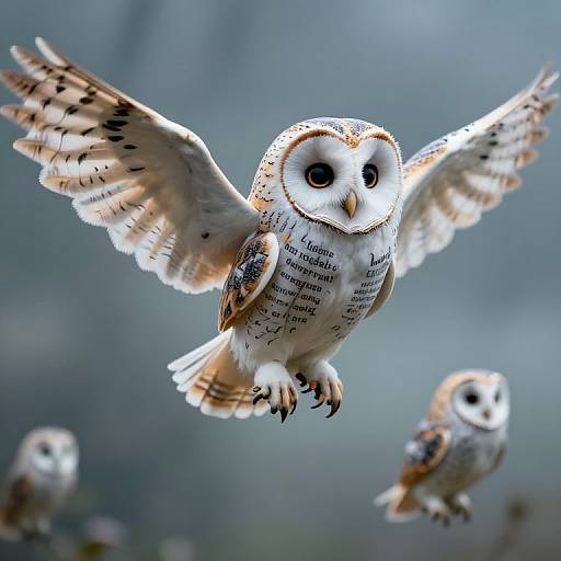 Photograph of a barn owl with white and brown feathers, black-tipped wings, and large yellow eyes, mid-flight against a blurred blue-gray background