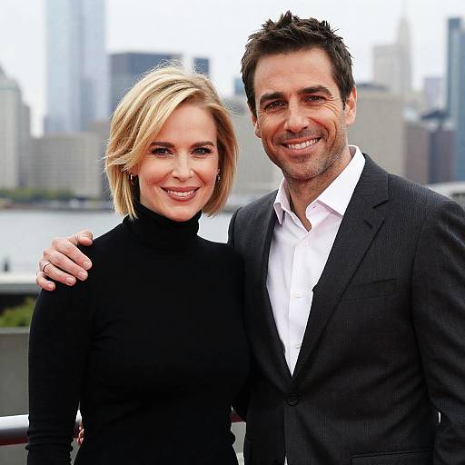 Photograph of smiling blonde woman in black turtleneck and dark-haired man in black suit with white shirt, standing closely outdoors. Cityscape in background