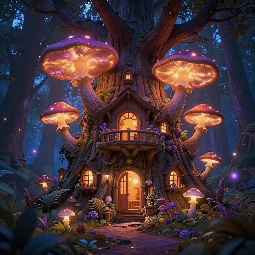Enchanting Tree House with Glowing Mushrooms
