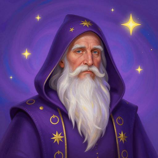 Digital painting of an elderly wizard with a long white beard, purple hooded robe, and gold stars, set against a swirling purple background with glowing yellow