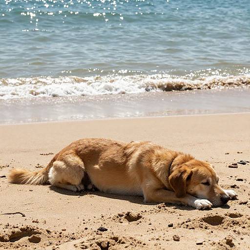 Photograph of a golden retriever lying on a sandy beach, nose on a small white object, with sparkling blue ocean waves in the background.