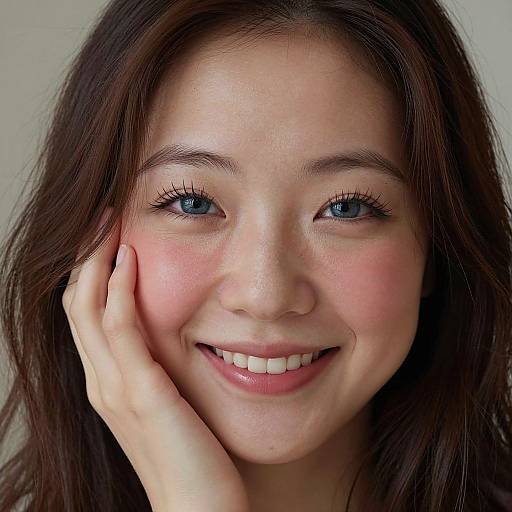 Close-up photograph of a smiling young Asian woman with long brown hair, blue eyes, fair skin, pink cheeks, and glossy lips, gently touching her