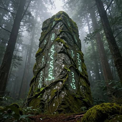Photograph of a moss-covered, ancient rock monument in a misty forest, with glowing, neon-green runes running vertically along its surface.