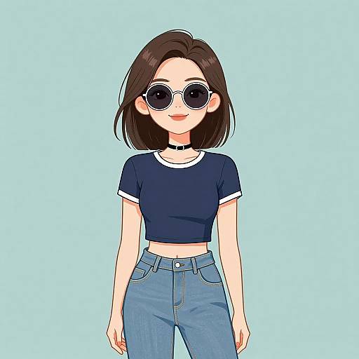 Digital anime-style drawing of a young woman with short brown hair, round black sunglasses, navy crop top, blue jeans, and a white choker,