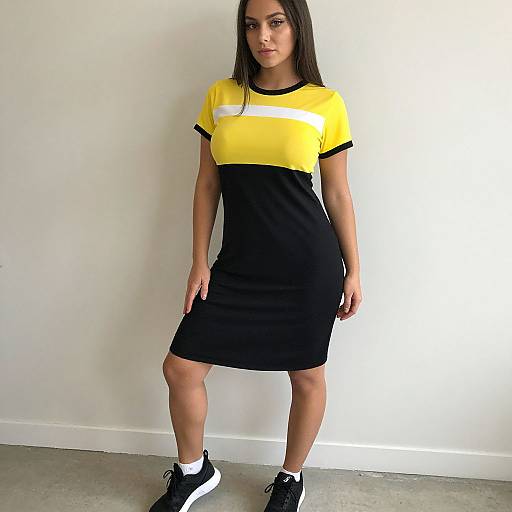 Photograph of a young woman with straight black hair, medium skin tone, wearing a yellow and black dress, black sneakers, and white socks, standing